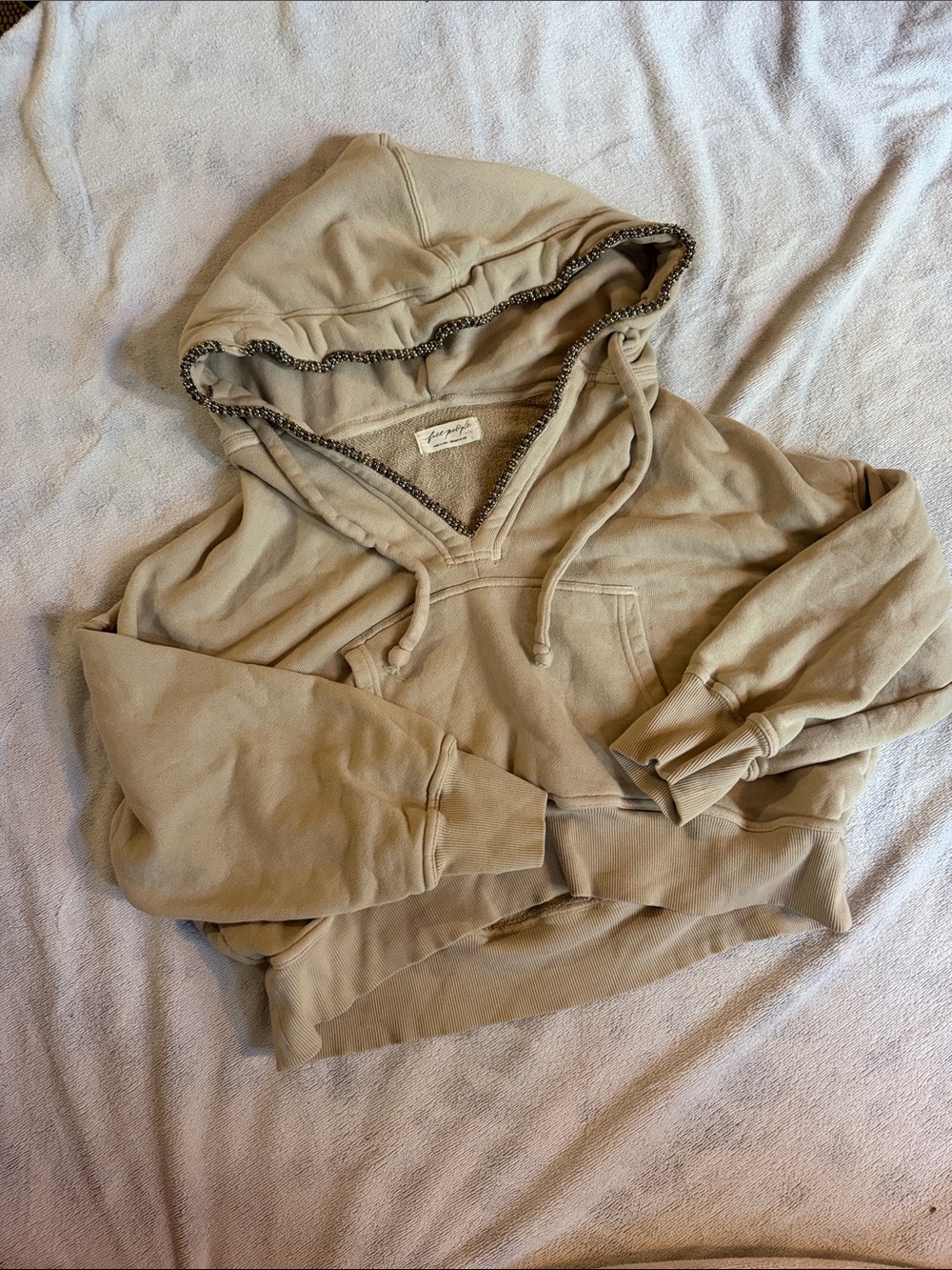 Free People Beaded Vintage-Inspired Tan Hooded Sweatshirt